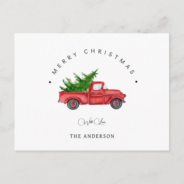 Rustic Red Watercolor Truck With Christmas Tree  Holiday Postcard (Front)