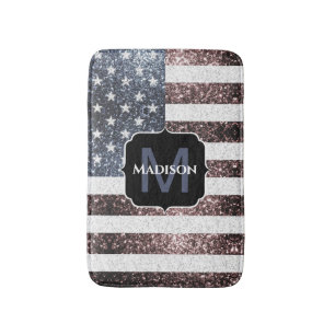 Rustic Red White Blue Sparkles USA flag Monogram Bath Mat