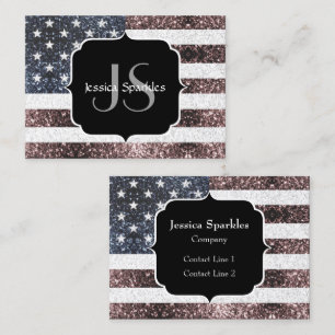 Rustic Red White Blue Sparkles USA flag Monogram Business Card