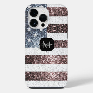 Rustic Red White Blue Sparkles USA flag Monogram iPhone 14 Pro Max Case