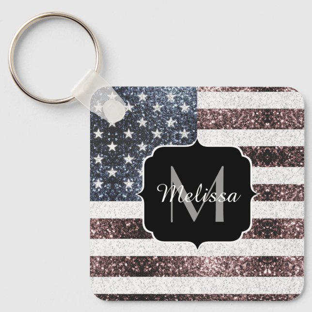 Rustic Red White Blue Sparkles USA flag Monogram K Key Ring (Front)