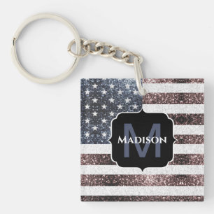 Rustic Red White Blue Sparkles USA flag Monogram Key Ring
