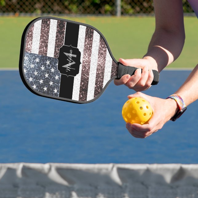 Rustic Red White Blue Sparkles USA flag Monogram Pickleball Paddle (Insitu)