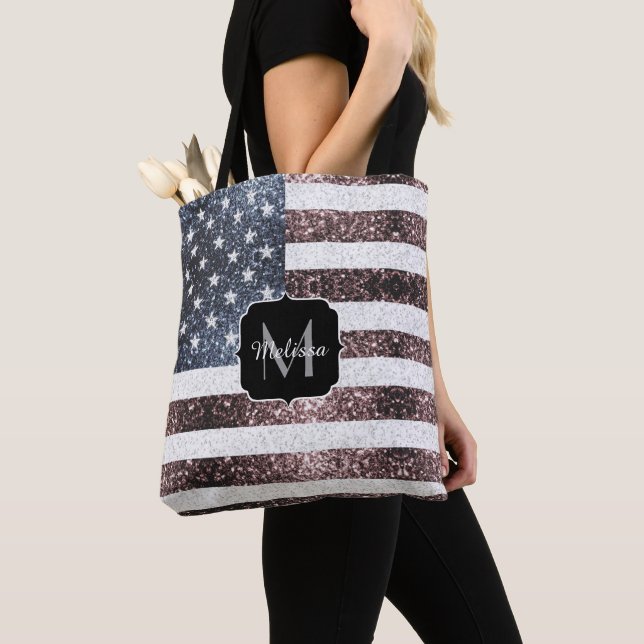 Rustic Red White Blue Sparkles USA flag Monogram Tote Bag (Close Up)