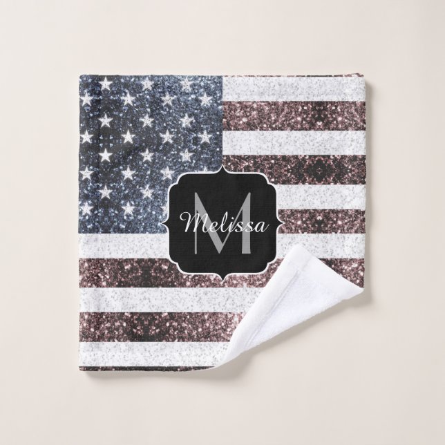 Rustic Red White Blue Sparkles USA flag Monogram Wash Cloth (Wash Cloth)