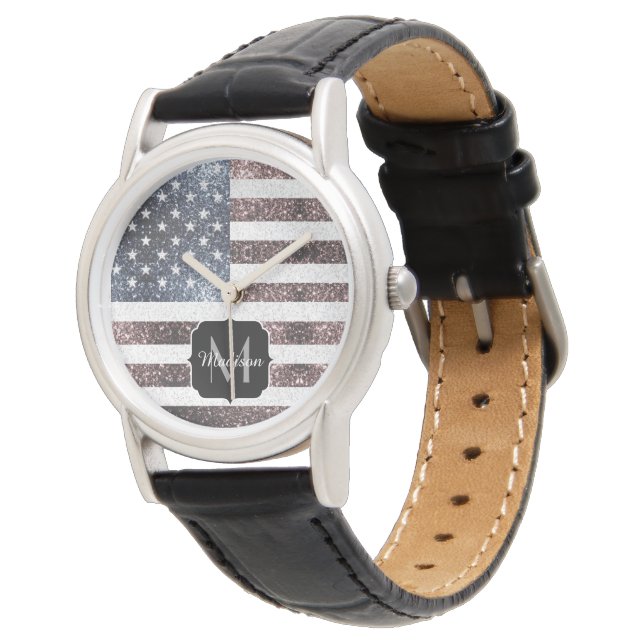Rustic Red White Blue Sparkles USA flag Monogram Watch (Angled)