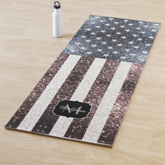 Rustic Red White Blue Sparkles USA flag Monogram Yoga Mat (In Situ)