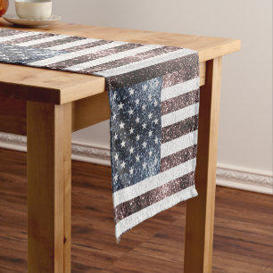 Rustic Red White Blue Sparkles USA flag Short Table Runner
