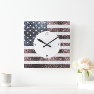 Rustic Red White Blue Sparkles USA flag Square Wall Clock