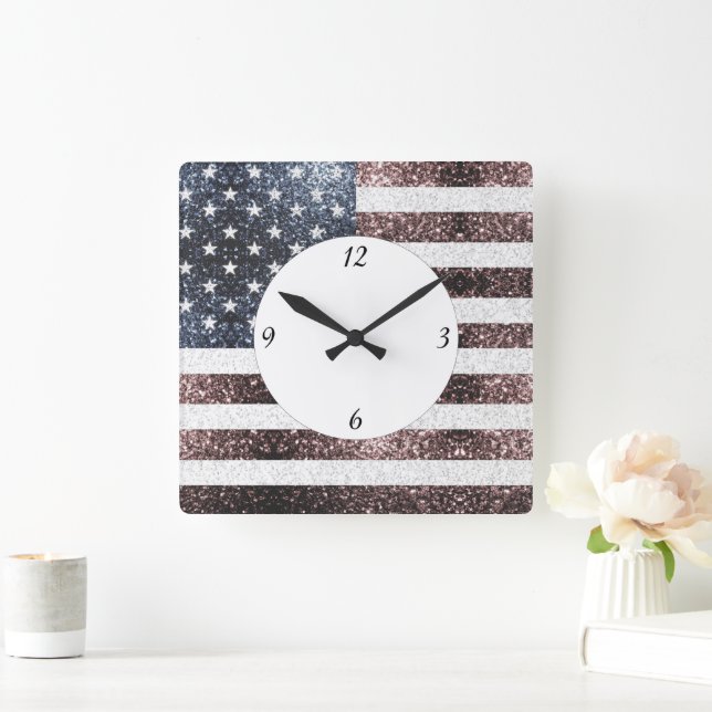 Rustic Red White Blue Sparkles USA flag  Square Wall Clock (Home)