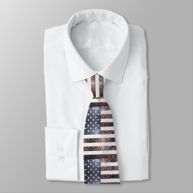 Rustic Red White Blue Sparkles USA flag  Tie (Tied)