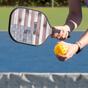Rustic Red White Blue Wood USA flag America Name Pickleball Paddle