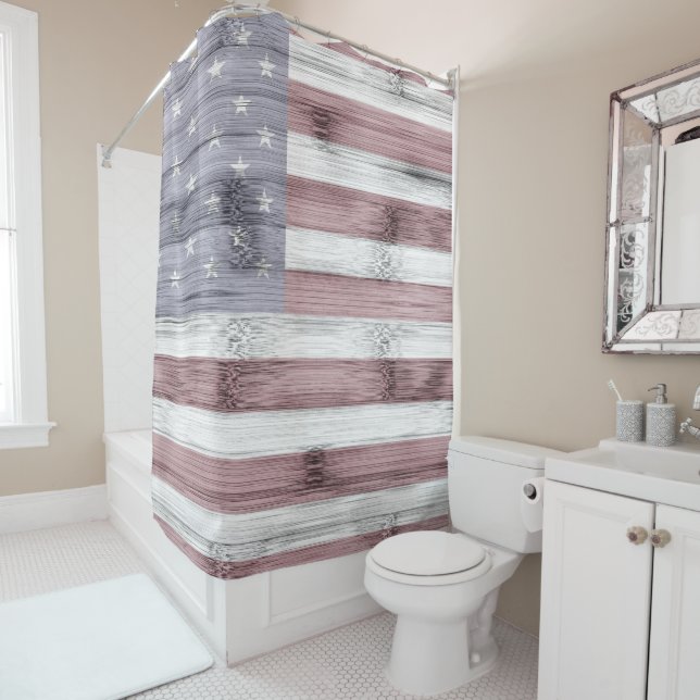 Rustic Red White Blue Wood USA flag America Shower Curtain (In Situ)