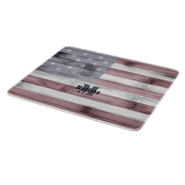 Rustic Red White Blue Wood USA flag Monogram Cutting Board (Corner)
