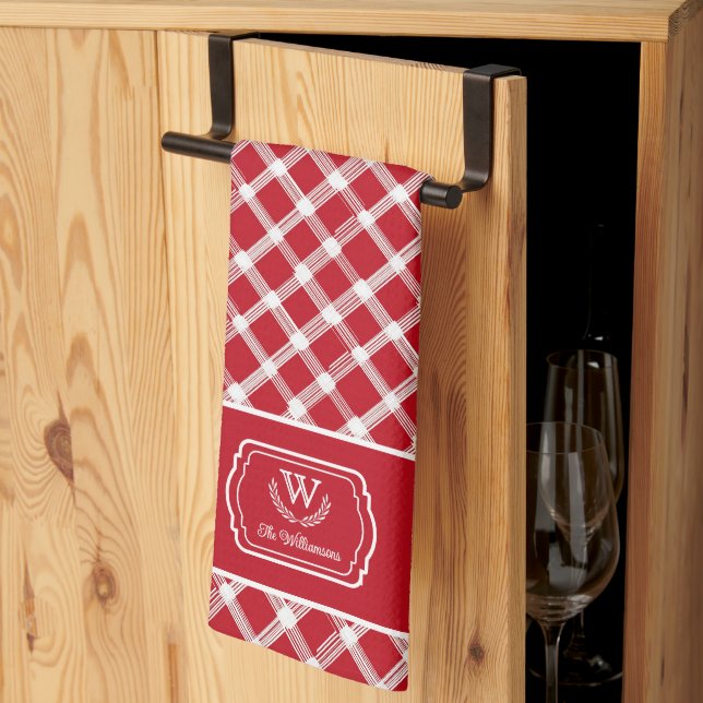 Rustic Red & White Farmhouse Custom Monogram Tea Towel (Thirds Fold)