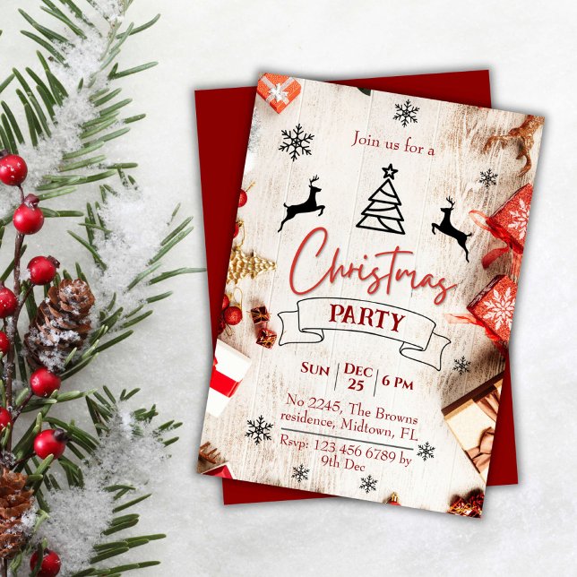 Rustic red & white festive elegant Christmas Invitation (Front/Back )