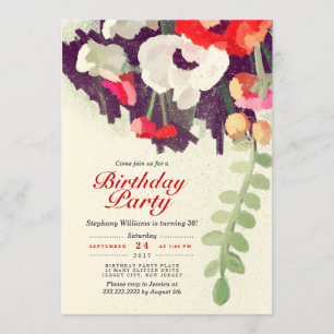 Rustic Red White Floral Art Birthday Party Invite