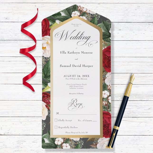 Rustic Red & White Floral Gold Frame No Dinner All In One Invitation (Creator Uploaded)