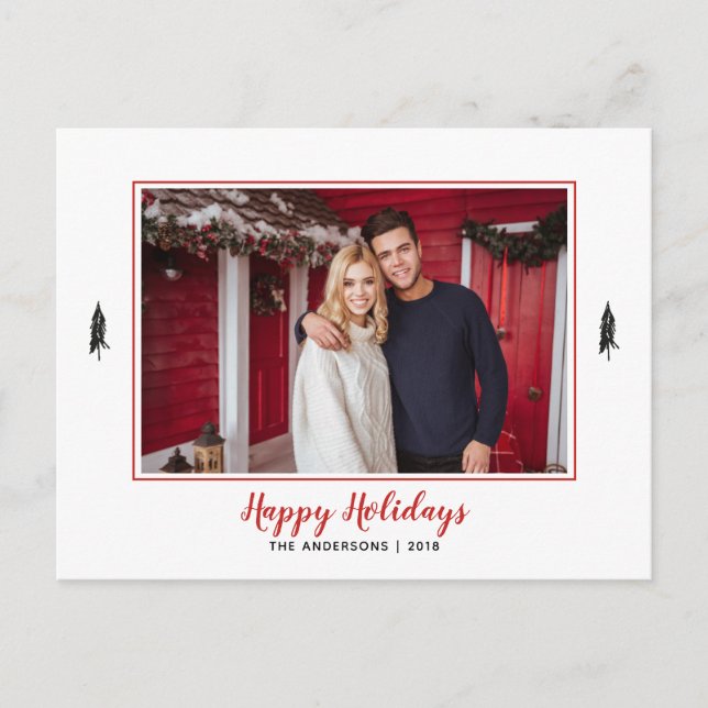 Rustic Red & White Gingham Flannel Christmas Tree Announcement Postcard (Front)