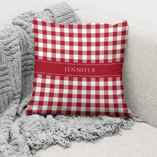 Rustic Red & White Gingham Pattern Name Throw Cushion