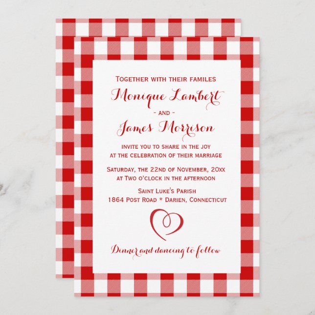 Rustic Red White Plaid Gingham Country Wedding Invitation (Front/Back)