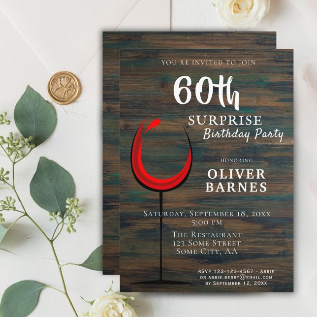Rustic Red Wine 60th Birthday Surprise Party Invitation (Creator Uploaded)