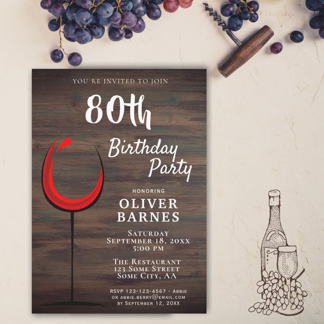 Rustic Red Wine 80th Birthday Party Invitation (Creator Uploaded)