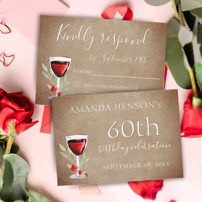 Rustic Red Wine Glass 60th Birthday Party  RSVP Card (Creator Uploaded)