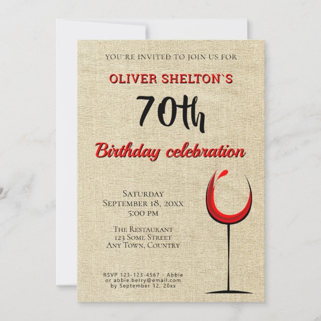 Rustic Red Wine Glass 70th Birthday Party Invitation (Front)
