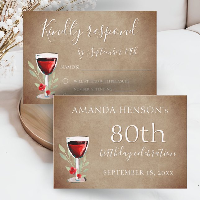 Rustic Red Wine Glass 80th Birthday Party  RSVP Card (Creator Uploaded)