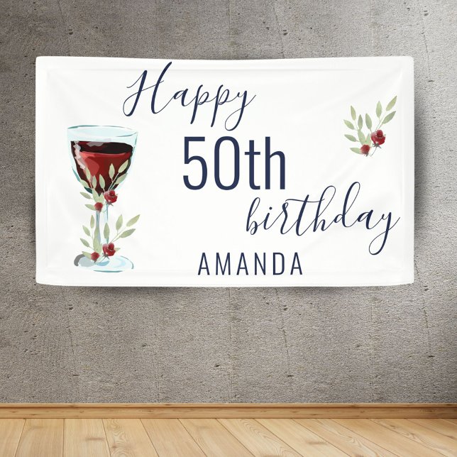 Rustic Red Wine Rose Watercolor 50th Birthday Banner (Creator Uploaded)