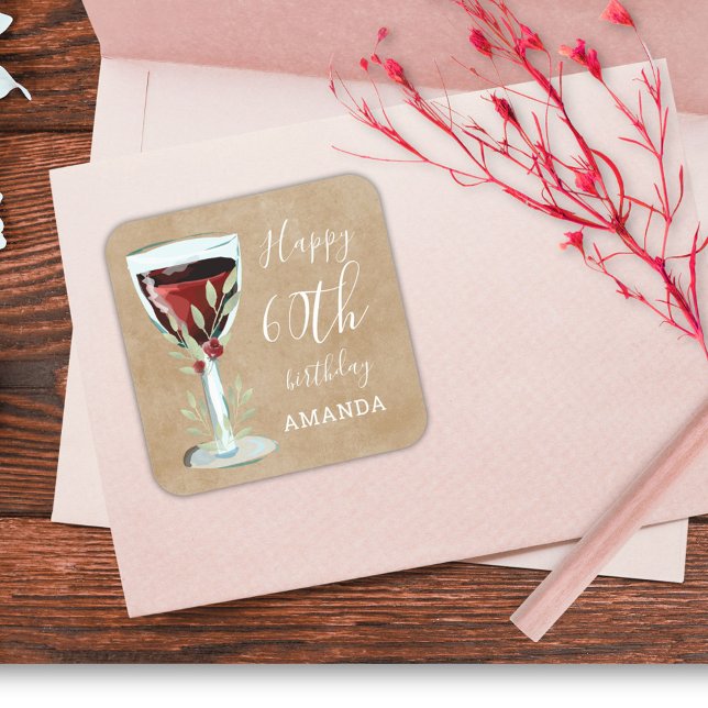 Rustic Red Wine Rose Watercolor 60th Birthday Square Sticker (Creator Uploaded)