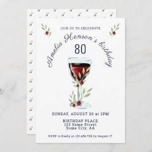 Rustic Red Wine Rose Watercolor 80th Birthday  Invitation