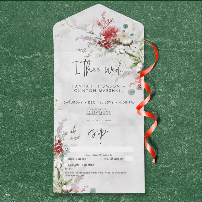 Rustic Red Winter Berries & Boho Cotton No Dinner All In One Invitation (Rustic Red Winter Berries & Boho Cotton No Dinner All In One Invitation)