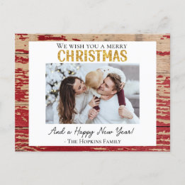 Rustic Red Wood Custom Photo Christmas Postcard