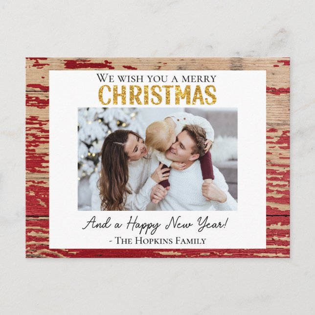 Rustic Red Wood Custom Photo Christmas Postcard (Front)