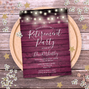 Rustic Red Wood String Lights Retirement Party Invitation