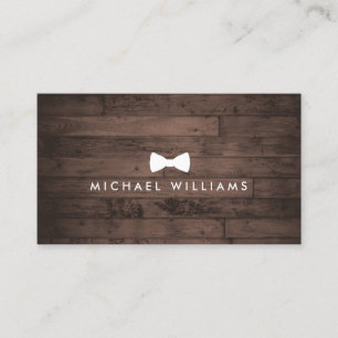 Rustic Refined Men's Bow Tie Logo on Brown Wood Business Card