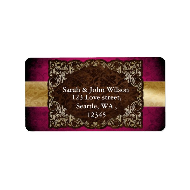 Rustic Regal Ornamental Fuchsia And Gold Wedding Label (Front)