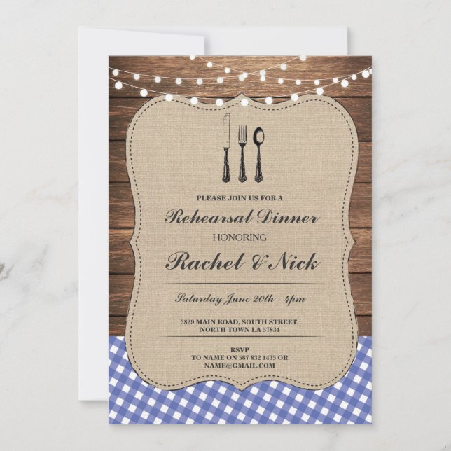 Rustic Rehearsal Dinner Cutlery Blue Check Invite (Front)