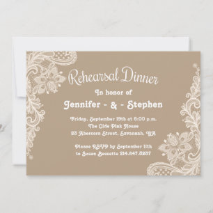 Rustic Rehearsal Dinner Floral Lace Brown & White Invitation