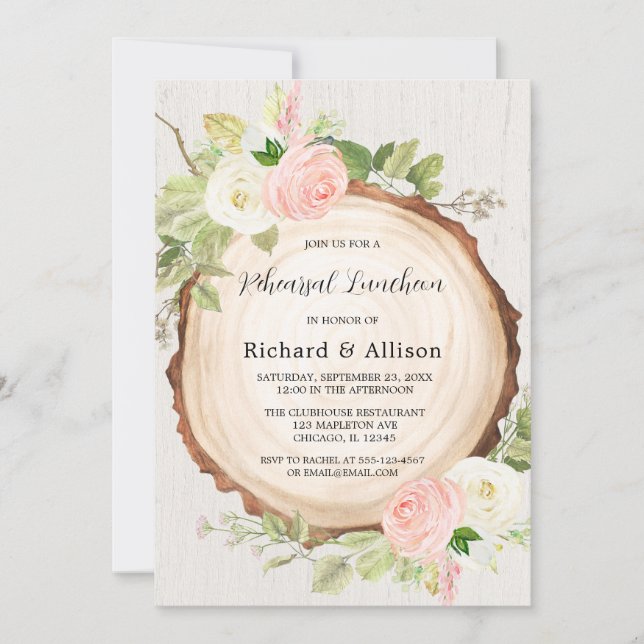 Rustic rehearsal luncheon blush pink white invitation (Front)