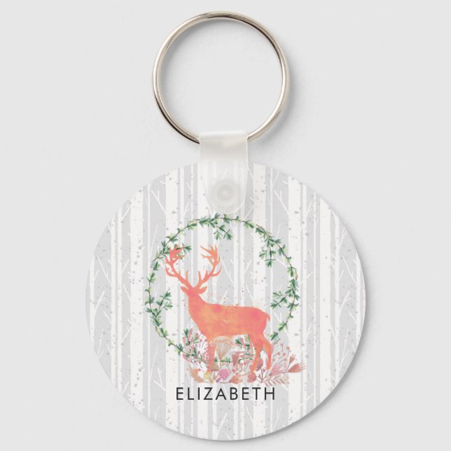 Rustic Reindeer Boho Watercolor Custom Key Ring (Front)