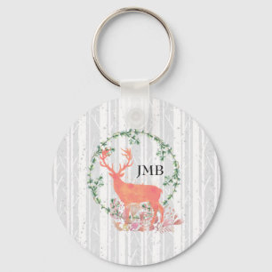 Rustic Reindeer Boho Watercolor Custom Monogram Key Ring