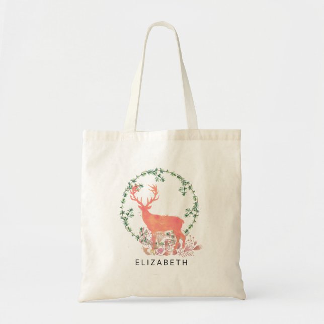 Rustic Reindeer Boho Watercolor Custom Tote Bag (Front)