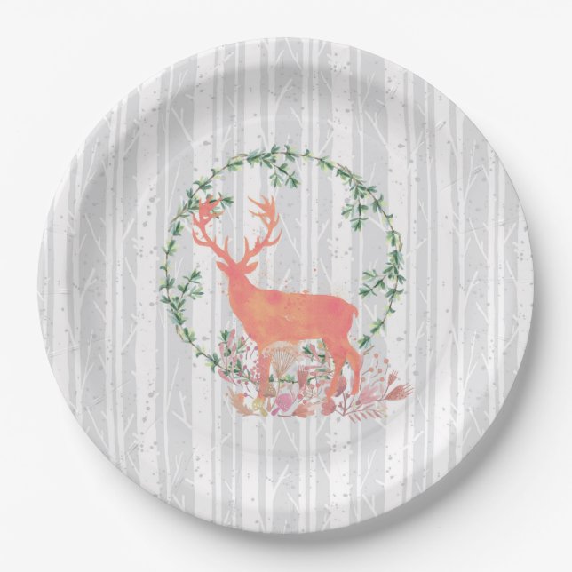 Rustic Reindeer Boho Watercolor Paper Plate (Front)