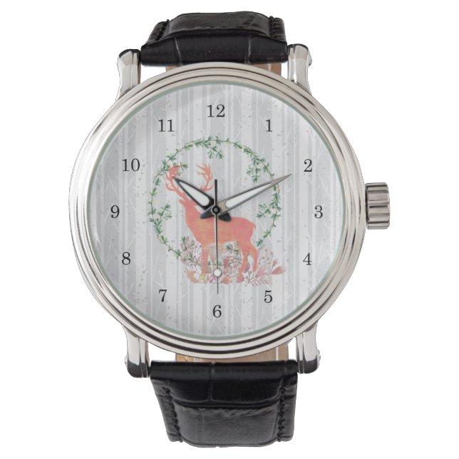 Rustic Reindeer Boho Watercolor Watch (Front)