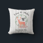 Rustic Reindeer Boho Watercolor Wedding Monogram Cushion<br><div class="desc">A newlywed couple pillow with a digital watercolor design. A pastel orange reindeer silhouette inside a wreath of herbal leaves. Mushrooms and forest ferns at his feet.
A grey and white birch tree pattern in the background.  Personalise with your names,  wedding date and Monogram Initial for your last name.</div>