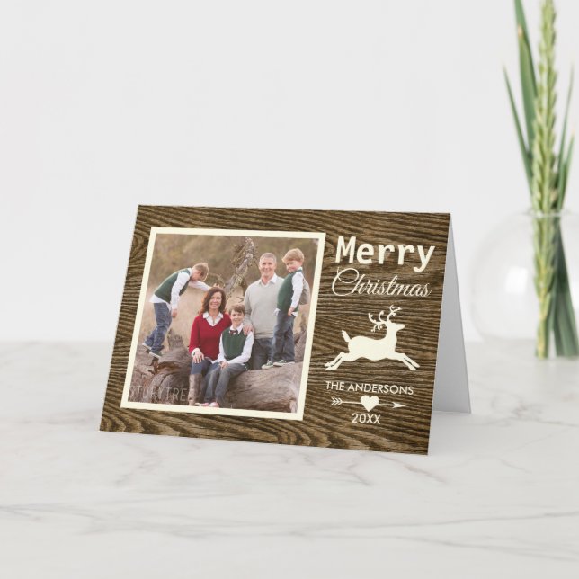 Rustic Reindeer Brown Merry Christmas Family Photo Holiday Card (Front)