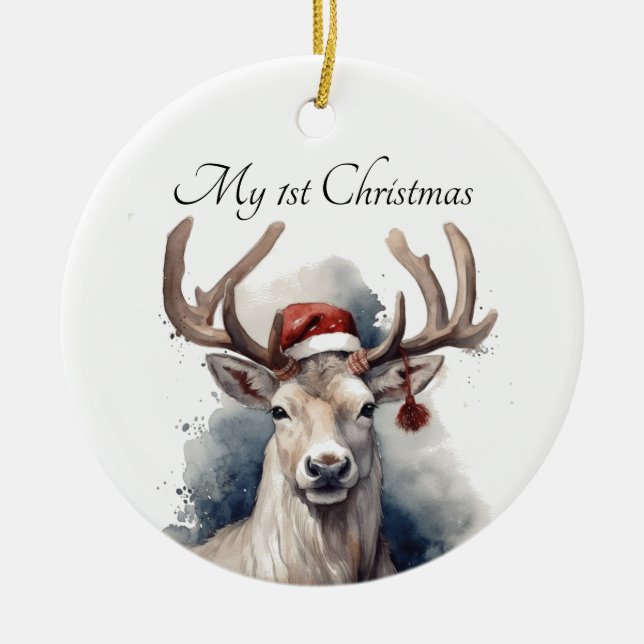 Rustic Reindeer Christmas, custom Ceramic Tree Decoration (Front)